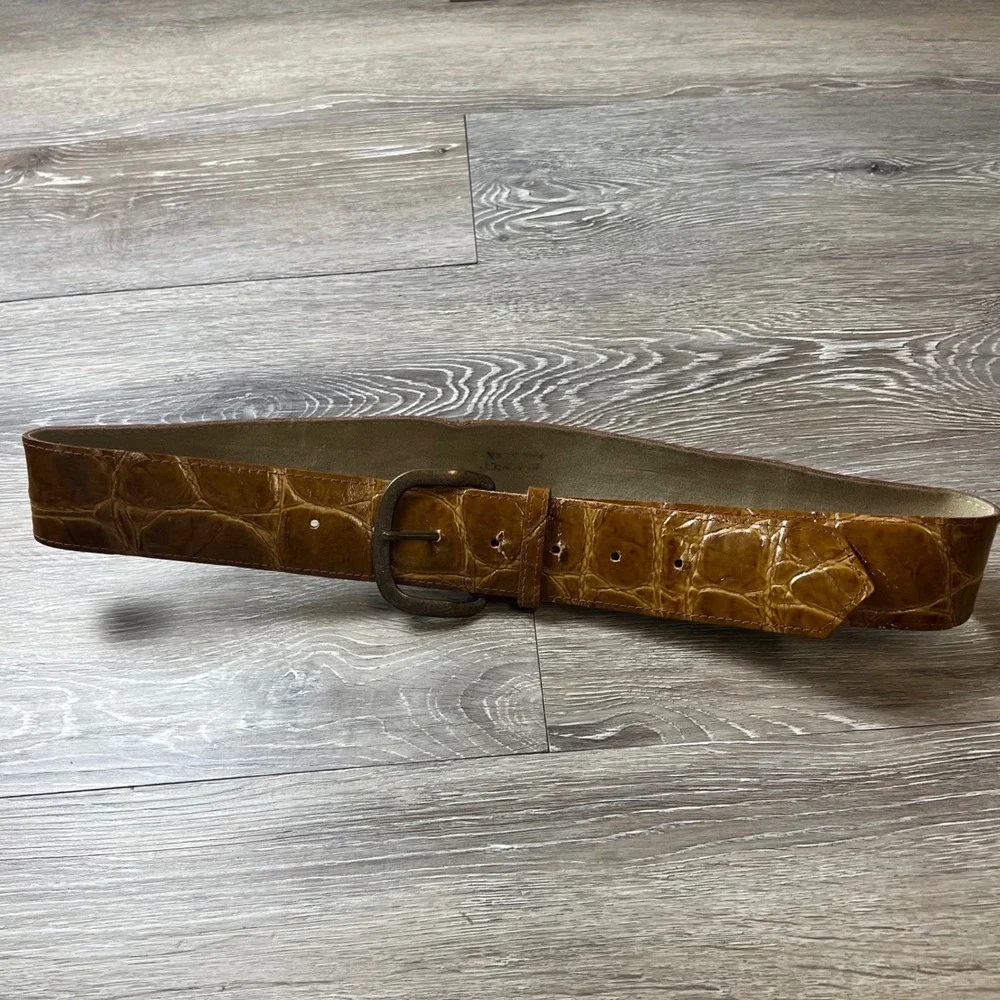 Vintage Croc Embossed Belt Womens L Cognac Brown Wide Faux Leather Boho
